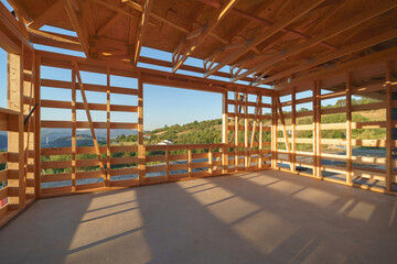 Construction of ecological renewable low energy sustainable wooden eco house.