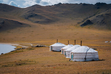 nomadic traditional ger camp near Terkhiin Tsagaan Nuur (also called White Lake) in Mongolia