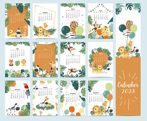 Doodle safari animal calendar set 2020 with giraffe,fox,lion,monkey for children