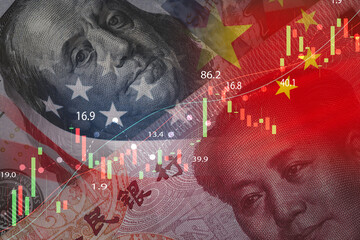 USA and China flag on USD and Yuan banknote with stock market graph chat for symbol of economic...