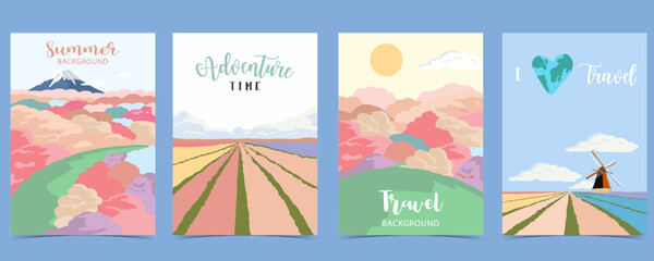 Travel greeting card with flower,field and sky