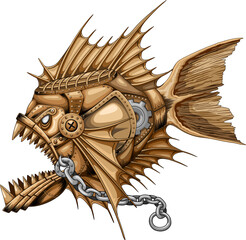 Steampunk Piranha Deadly Retro Machine surrounded by bolts, chains and gears, illustration isolated on transparent background