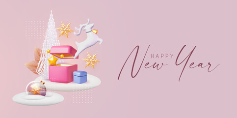 Happy New Year banner with minimal Christmas trees, deer and glass ball with snowflake. 3D design.