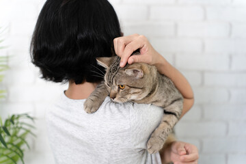 Woman holding a cute cat in the house.
