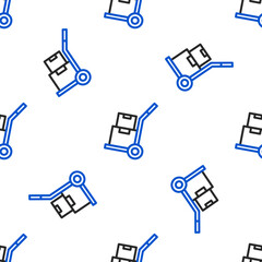 Line Hand truck and boxes icon isolated seamless pattern on white background. Dolly symbol. Colorful outline concept. Vector