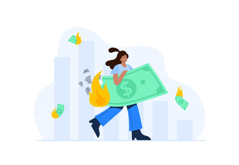 Financial concept. Personal budget, relationship with money, economic problems. A young woman loses money and savings due inflation. Vector flat illustrations isolated on the white background.