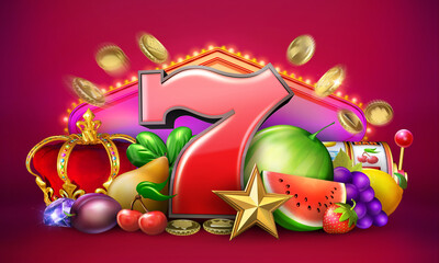 Casino gambling banner with various symbols of a slot game isolated on red background. 3D illustrations