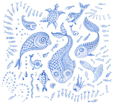 Set of indigo blue hand painted fairy tale sea animals. Watercolor fantasy fish, jellyfish, nettle-fish, cuttlefish, flounder, bubbles, shells isolated on a transparent background