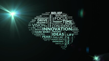 Animation of multiple words forming human brain over lens flare on black background