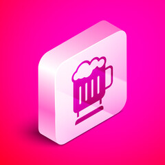 Isometric Wooden beer mug icon isolated on pink background. Silver square button. Vector