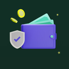 3D Illustration of blue wallet with green money notes or bills, floating gold coins and safe or secure shield icon with tick on isolated background, finance or fin-tech digital illustration