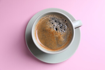 Black coffee white cup isolated on pink background