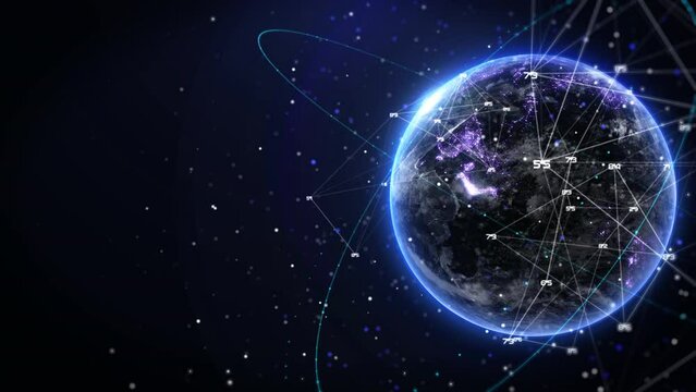 Abstract digital realistic of spinning earth with data low poly number, flare ring, futuristic line 4K motion background. Concept of global business and technology.