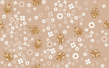 Fototapeta na wymiar Seamless vector composition with ladybugs and florers. Design for wallpaper, wrapping paper, background, fabric, shirts, t-shir, pants, dresses, curtains, bags, shoes, handkerchiefs.