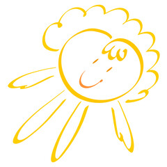 Cute and funny smiling curly sun with rays in the form of arms and legs
