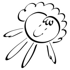 Cute and funny smiling curly sun with rays in the form of arms and legs, black outline