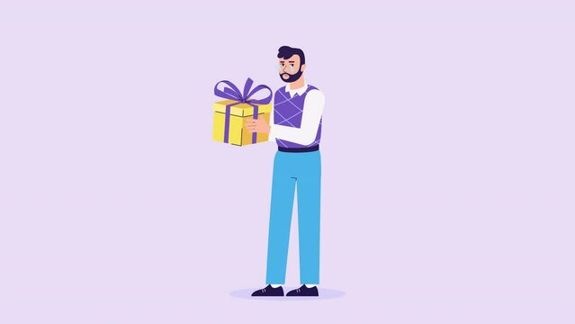 male character holds present box. 2d flat animation. Gift give away, Mobile Marketing, earning prizes, bonus or rewards from store. online present or gift. Motion design. Christmas, new year holiday