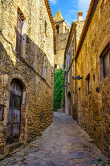 Fototapeta na wymiar Narrow alleys with medieval stone houses in the old village of Madremanya, Girona.