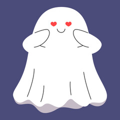 Cute ghost in love vector illustration. Funny character with hearts instead of eyes. Concept of Halloween, october spooky holiday. Greeting card design element