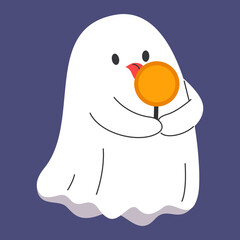 Cute ghost eating lollipop vector isolated. Funny fantasy creature licking sweet orange lollipop. Concept of Halloween, October holiday. Greeting card design element.
