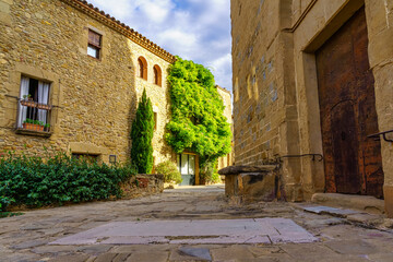 Idyllic stone buildings with climbing plants and wooden doors in the medieval village of Madremanya, Girona, Catalonia.