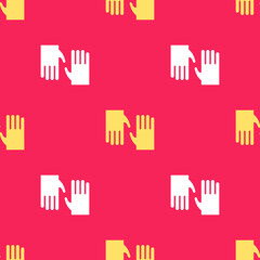 Yellow Rubber gloves icon isolated seamless pattern on red background. Latex hand protection sign. Housework cleaning equipment symbol. Vector