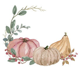 Pink and Brown Pumpkins with Leaves Border, Watercolor Hand Painted for Thanksgiving or Halloween Design - 530091767