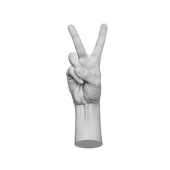 Female hand showing a peace gesture isolated on a white background. 3d trendy collage in magazine...