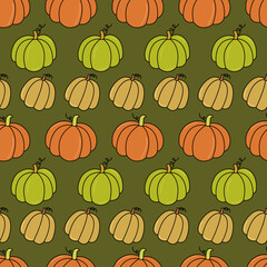 Pumpkins tile pattern. Vector autumn harvest background. Seamless illustration with colorful pumpkin vegetables in doodle style. Hand drawn outline Thanksgiving symbols