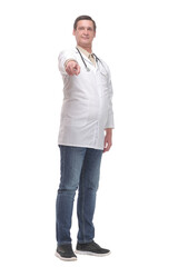 Fototapeta premium Full length portrait of smiling mid adult doctor giving presentation