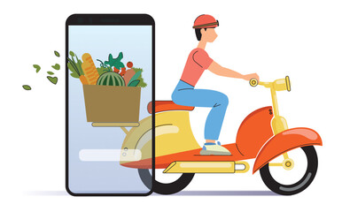 Food delivery icon, orders online via phone. A man delivers food on a red motorbike