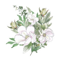 Watercolor Botanical composition of white flowers. Roses, magnolies and buds with greenery.