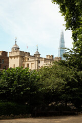 Fototapeta na wymiar the tower of London view from a nearb park with trees in front and the Shard in the back vertical
