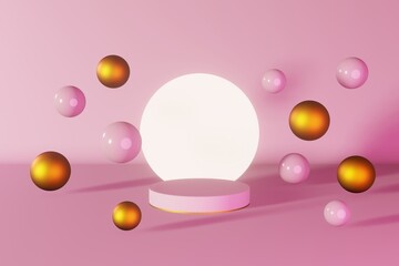 Pink cylinder podium stage 3d rendering Round pedestal design composition Minimal scene levitating geometric gold sphere