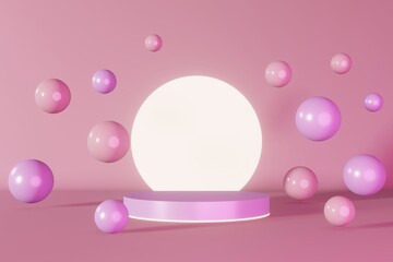Purple pink neon cylinder podium stage 3d render. Round pedestal design composition. Abstact minimal scene levitating geometric spheres. Cosmetic product shiny showcase presentation display background