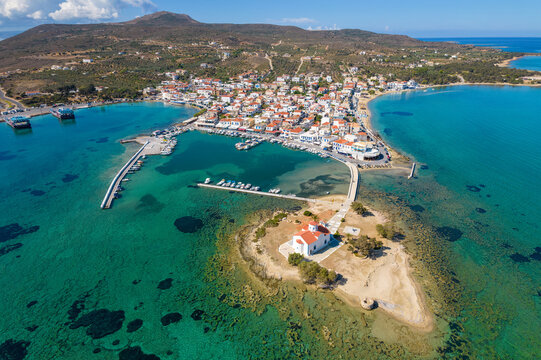 Aerial view of  Elafonisos main village during sunset. Located in south  Peloponnese Elafonisos is a small island very famous for the paradise sandy  beaches and the turquoise waters.