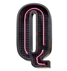 3D illustration of Pink Neon light alphabet character Capital letter Q. Neon tube Capital letter Pink glow effect in Black rusty metal box.Supports PNG files with transparent backgrounds.
