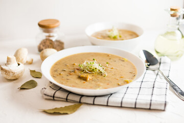 Mushroom soup in white plate