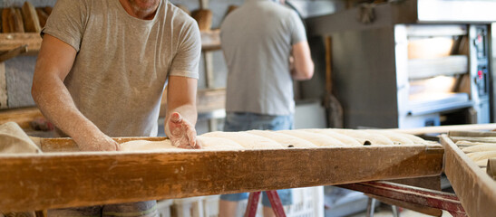 Bakers bring leavened bread to the oven early in the morning, traditional bakery