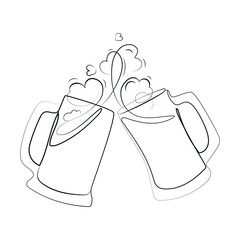 Two glasses of beer toasting creating splash and foam Line art drawing icon,emblem,logo,label design,vector illustration.Clicking beer mugs black and white sketch.Beer festival concept. Lagersort.
