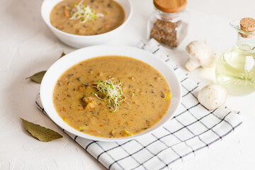 Mushroom soup in white plate