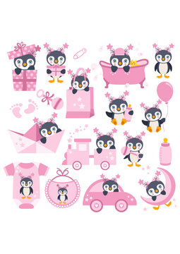 Set of digital elements with cute baby girl penguin