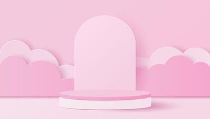 Paper art and digital craft style of pink cylinder podium with clouds for products display presentation, mock up, show cosmetic. Vector illustration