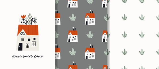 Set of vector seamless patterns and poster Hand drawn house with flowers on roof Sweet home concept © kindbird