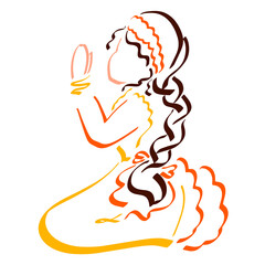 girl in a long dress with a long braid of hair on her knees prays to God