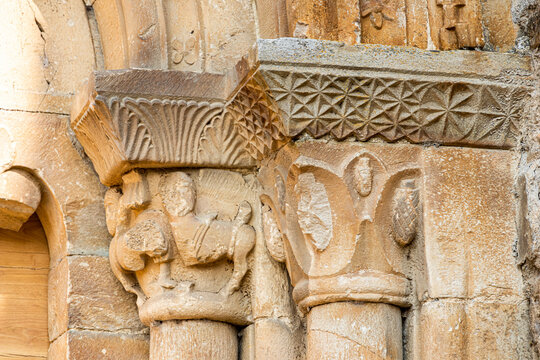 Capitals in the church of the Monastery of Saint Mary of Carracedo in Carracedelo, El Bierzo, Spain