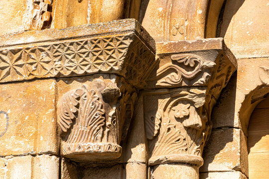 Capitals in the church of the Monastery of Saint Mary of Carracedo in Carracedelo, El Bierzo, Spain