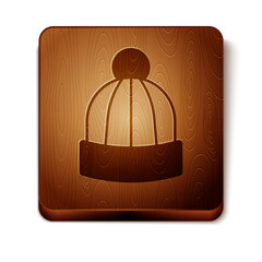 Brown Winter hat icon isolated on white background. Wooden square button. Vector