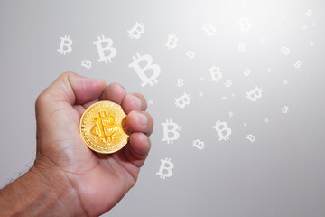 bitcoin, altcoin, crypto currency, Whale's hand is holding a Bitcoin gold coin. Businessman trying to catch bitcoin or golds and cryptocurrency money