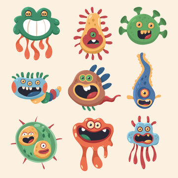 Cute cartoon germ and bacteria vector set isolated on background.